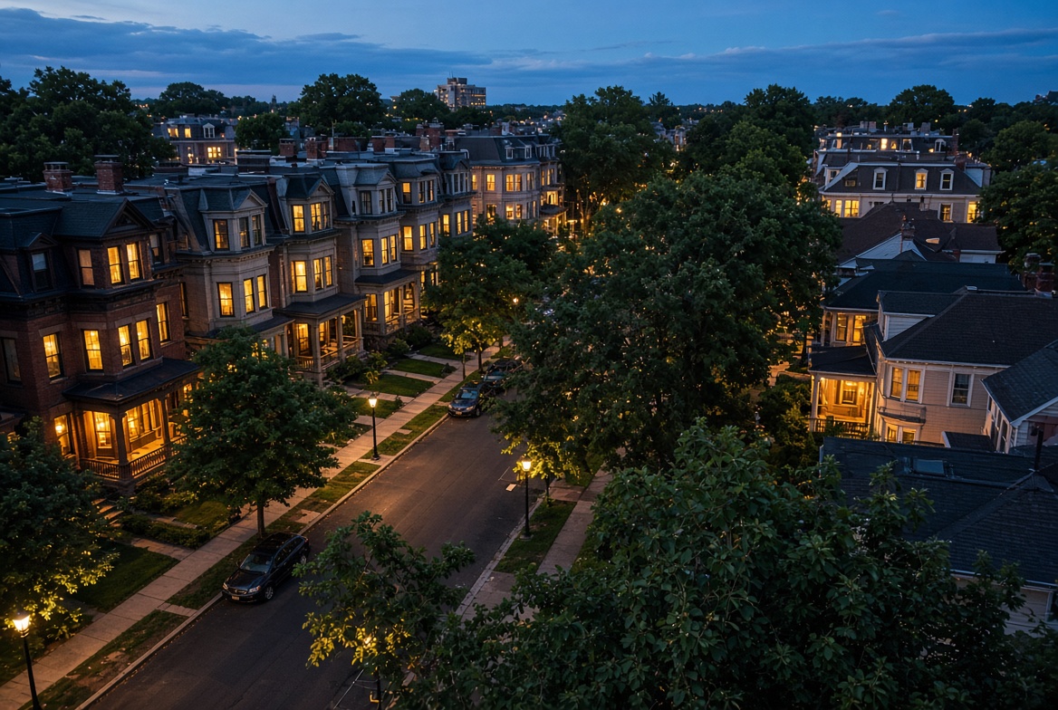 Greater Boston residential street with managed rental homes