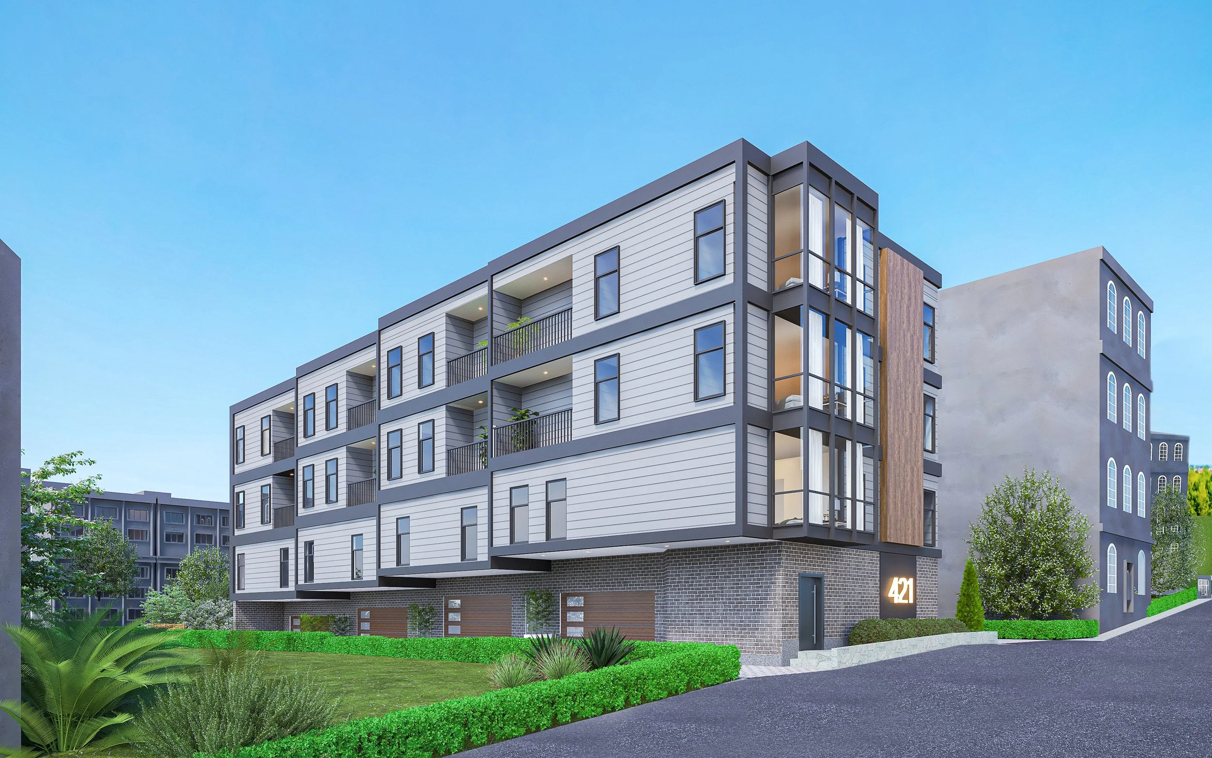 Dusk rendering of the 421 East Sixth Street new-construction townhomes in South Boston
