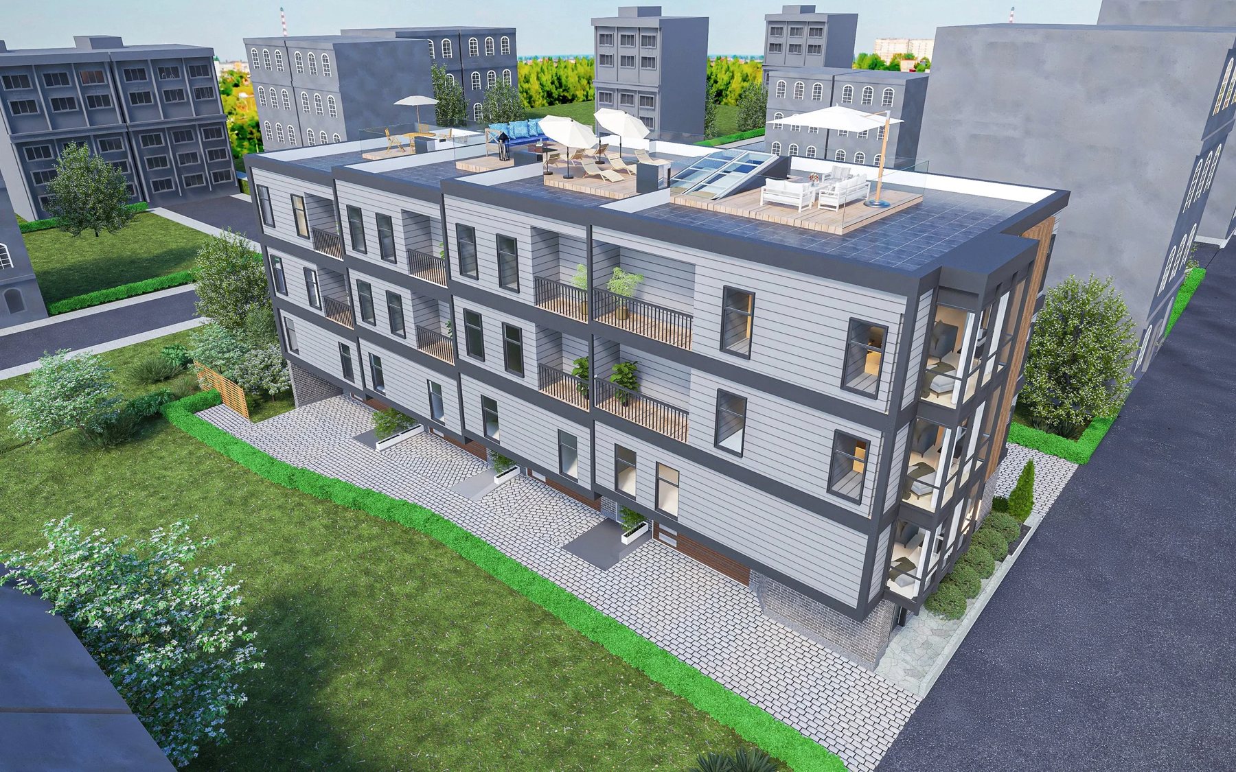 Streetscape rendering of the new-construction townhomes
