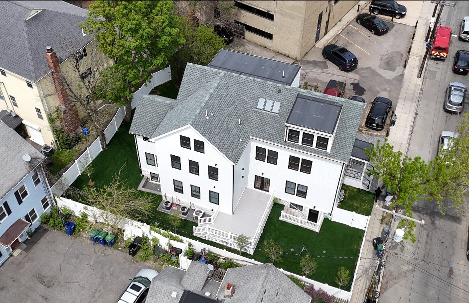 Aerial view of 174 Walnut Street in Somerville, a gut-renovated three-unit condominium